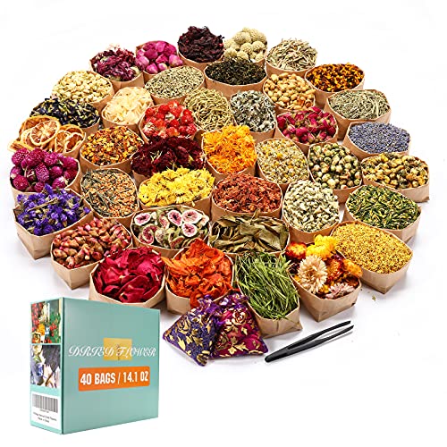 40 Bags Natural Dried Flowers Kit, Natural Dried Herbs with 2 Mesh Drawstring Bag for Soap,Candle,Resin Jewelry Making,Bath,Nail - Rose Petals,Rosebuds,Lilium,Jasmine,Don't Forget Me and More - color: 40 Bags*10g