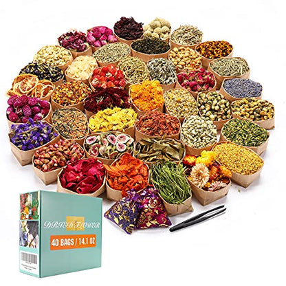 40 Bags Natural Dried Flowers Kit, Natural Dried Herbs with 2 Mesh Drawstring Bag for Soap,Candle,Resin Jewelry Making,Bath,Nail - Rose Petals,Rosebuds,Lilium,Jasmine,Don't Forget Me and More - color: 40 Bags*10g