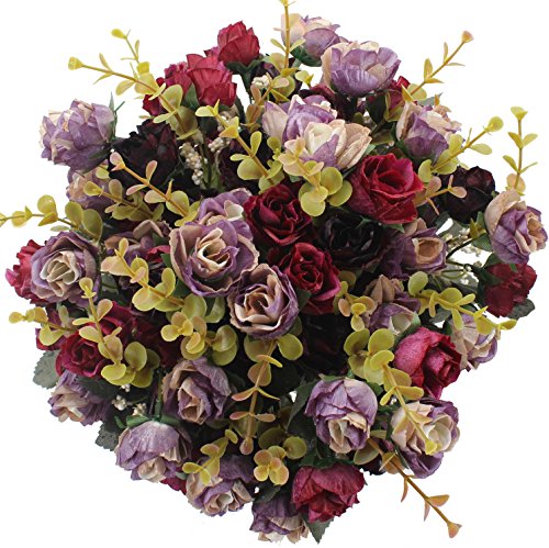 7 Branch 21 Mini Rose Heads Artificial Flowers Bouquet Wedding Home Office Decor,Pack of 4 (Purple) - color: Purple