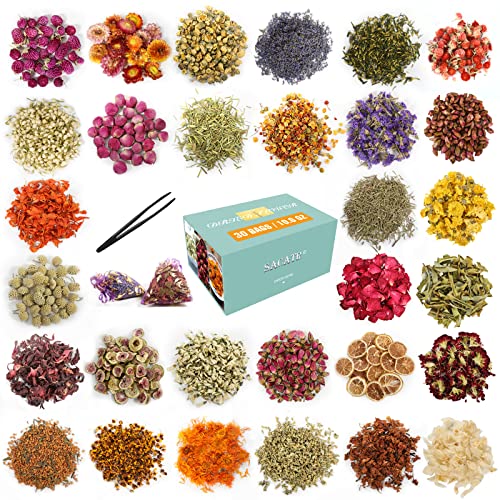 30 Bags Dried Flowers,100% Natural Dried Flowers Herbs Kit for Soap Making, DIY Candle Making,Bath - Include Rose Petals,Lavender,Don't Forget Me,Lilium,Jasmine,Rosebudsand More - color: 30 Bags*10g