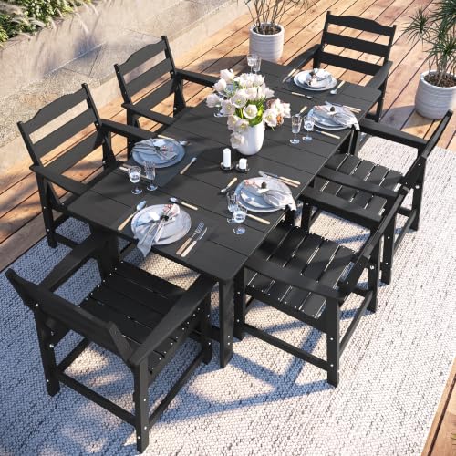 THOEOE Outdoor Dining Set of 7, Patio Dining Table and Chairs Black | All-Aluminum Frame, HDPE, Waterproof, Umbrella Hole, Zero Collapse, Sturdy and Durable, for Garden, Pool, Deck - color: Black, size: 7-Piece（1 Table＆ 6 Chairs）