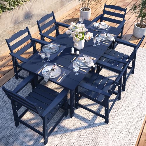 THOEOE 7 Pcs Outdoor Dining Set, 70" HDPE Dining Set for 6, Navy - color: Navy Blue, size: 7-Piece（1 Table＆ 6 Chairs）