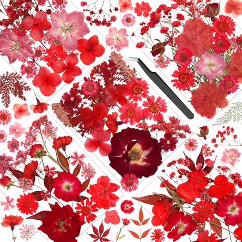 Pressed Dried Flowers for Resin, Natural Real Dried Pressed Flowers for Crafts, Bulk Dry Flowers for Resin Molds, Candles, DIY Art Jewelry Making with Tweezers (Red Love Pressed Flowers) - size: Red Love Pressed Flowers