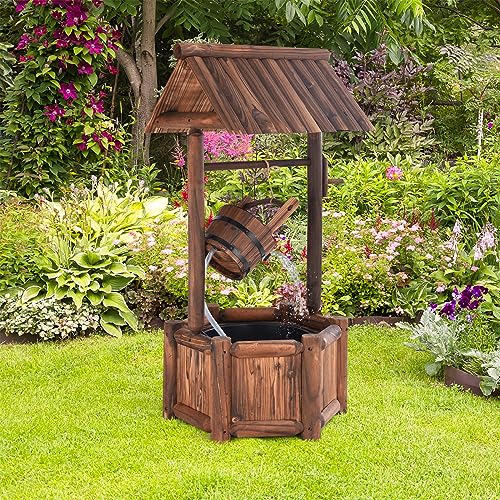 HAPPYGRILL Outdoor Wishing Well Water Fountain | Old-Fashioned Wood Waterfall Fountain with Bucket Pump, Rustic Farmhouse Decoration for Garden Backyard - size: 23" x 20" x 46"