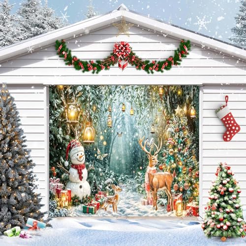 8X6FT Winter Wonderland Garage Door Cover Decorations, Christmas Forest Scene Snowy Tree Snowman Deer Garage Buddy Background, Xmas Holiday New Year Family Party Outdoor Indoor Wall Window Yard - color: White, size: 8X6FT
