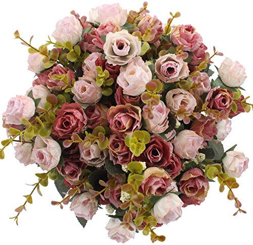 7 Branch 21 Mini Rose Heads Artificial Flowers Bouquet Wedding Home Office Decor,Pack of 4 (Pink) - color: Pink