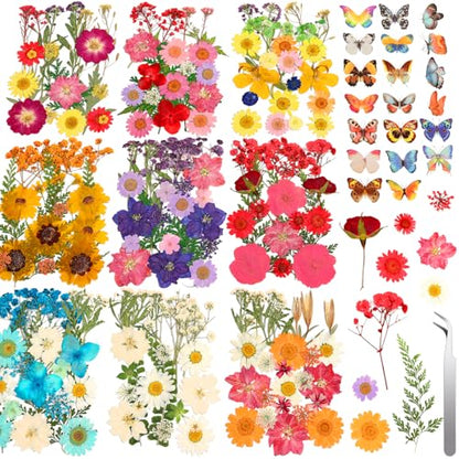 235 Pcs Pressed Dried Flowers for Resin, Natural Real Dried Pressed Flowers for Crafts, Bulk Dry Flowers for Resin Molds, Candles, DIY Art Jewelry Making with Tweezers Butterfly Stickers Set Decorate - size: 235 Pcs Dried Flowers with Butterfky