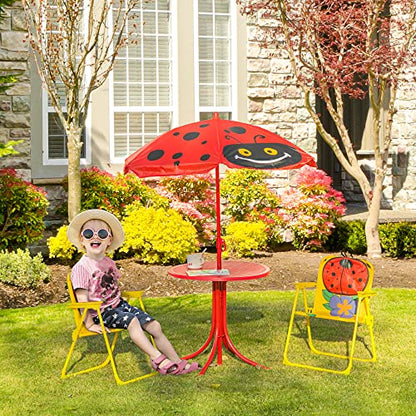 Outsunny Kids Table and Chair Set Picnic Table Umbrella Red Ladybug | Outdoor Folding Garden Furniture, Patio Backyard, Removable & Height Adjustable Sun Umbrella - color: Red