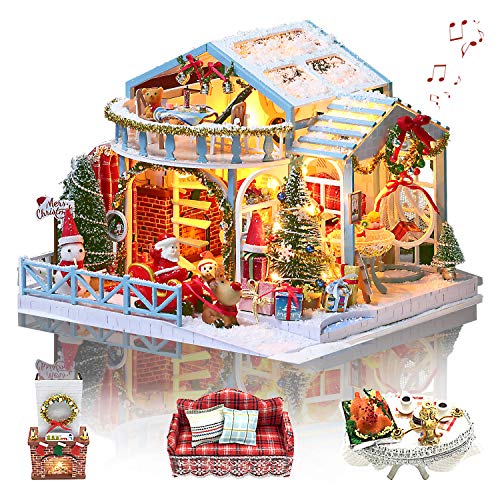 GuDoQi DIY Miniature Dollhouse Kit, Tiny House kit with Music, Miniature House Kit 1:24 Scale, Great Handmade Crafts Gift for Birthday, Christmas Night - color: Christmas Night