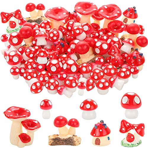 80 Pcs Mini Mushrooms Miniature Mushrooms Bulk for Fairy Garden Cute Tiny Mushrooms Figurines Moss Landscape DIY Terrarium Craft Resin Mushroom Statue Ornaments Party Decors (Red) - color: Red
