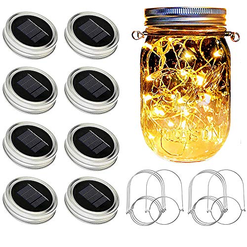 SunKite Solar Mason Jar Lights [Updated], 8 Pack 20 LED Waterproof Fairy Firefly Jar Lids String Lights with Hangers(NO Jars), Patio Yard Garden Wedding Decoration - Warm White - color: Warm White