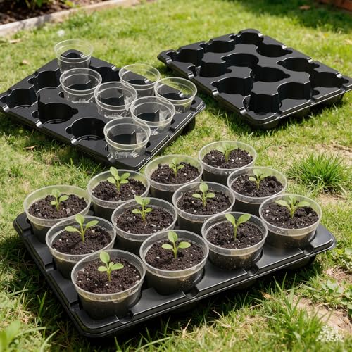 homenote 2 Pack 12 Cell Seed Starter Trays with 24 Clear 4 Inch Plant Pots | Reinforced trays securely hold clear pots with multi-hole drainage for easy root monitoring and healthier seedling growth. - size: 4 Inch, style: 2 Pack Seed Starter Tray+Nursery