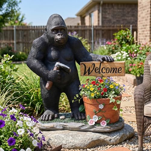 Gorilla Statue Welcome Sign Planter - 29 Inch Large Resin Ape Sculpture Flower Pot, Outdoor Garden Decor for Patio Yard Porch Lawn, Creative Jungle Animal Figurines, Unique Housewarming Gift Decor - color: The Chimpanzee Stood Up