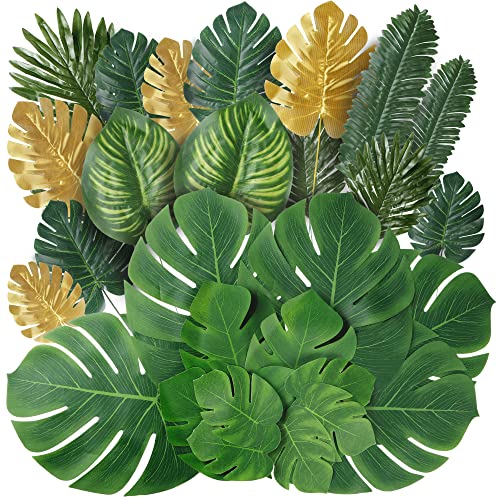 Sggvecsy 82 Pieces 8 Kinds Artificial Tropical Palm Leaves Tropical Leaves Monstera Leaves Safari Jungle Leaf with Stems for Hawaiian Luau Party Beach Table Wedding Shower Birthday Theme Decorations - size: 82 pcs