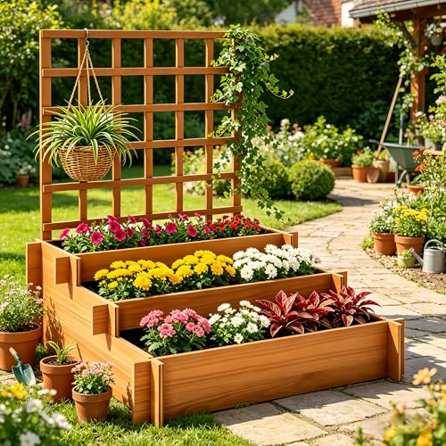 43" 3-Tier Fir Wood Raised Garden Bed Planter with Trellis | Fir wood tiered planter with trellis, liners, and 3 growing beds for flowers, herbs, veggies, vines, patio, or yard - color: 3-tier Raised Garden Bed With Trellis
