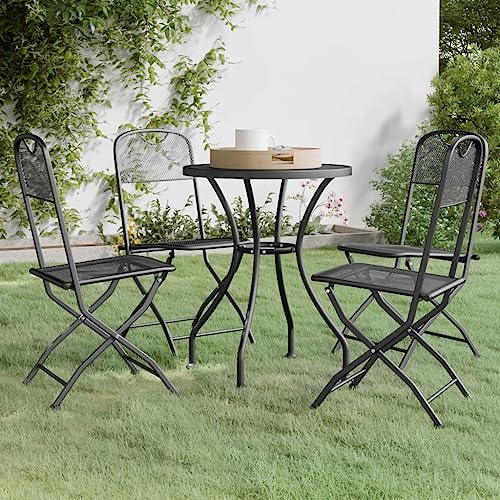 5-Piece Foldable Patio Furniture Set Anthracite 23.6" Round Steel Outdoor Dining Table with 4 Chairs Compact Balcony Garden Set E-Coated Mesh for Backyard, Deck, Terrace - color: Anthracite-a, size: 23.6 x 23.6 x 28.3 in (W x L x H)