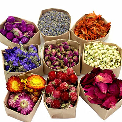 9 Bags Set Dried Flowers Artisan Dried Flower Kit - Candle Making Soap Making DIY Candel Natural Flowers-Lemon,Lavender,Roseleaf,Pink Rose,Red Rose,Jasmine,Rose Petal and More