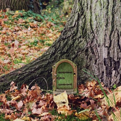 Green Wooden Fairy Door - Miniature Fairy Garden Accessory - Garden Sculpture Lawn Ornament - Art Outdoor Decor Gnome Door Figurine