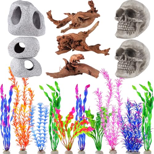 Jexine 18 Pcs Fish Tank Decorations Aquarium Decor Reptile Tank Accessories Set Include 10 Artificial Plastic Plants 3 Natural Driftwood 3 Rock Cave Decoration 2 Aquarium Skull