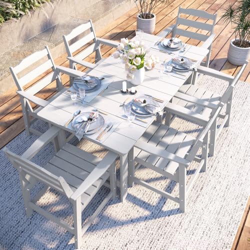 THOEOE Outdoor Dining Set of 7, Patio Dining Table and Chairs White | All-Aluminum Frame, HDPE, Waterproof, Umbrella Hole, Zero Collapse, Sturdy and Durable, for Garden, Pool, Deck - color: White, size: 7-Piece（1 Table＆ 6 Chairs）