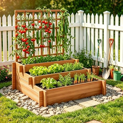 43" 3-Tier Fir Wood Raised Garden Bed Planter with Trellis | Fir wood tiered planter with trellis, liners, and 3 growing beds for flowers, herbs, veggies, vines, patio, or yard - color: 3-tier Raised Garden Bed With Trellis
