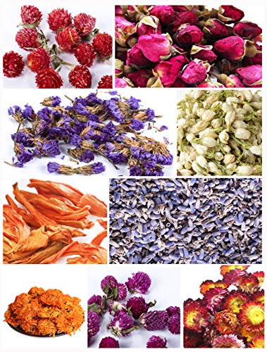 Dried Flowers- Edible Herbs Bulk of Lavender Buds, Rosebud, Jasmine, Chamomile, for Bath Bomb, Candle, Soap Making Kit