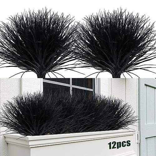 RECUTMS 12Pcs Fake Black Plants Artificial Grass Faux Outdoor Shrubs 15.7" - color: Black Grass