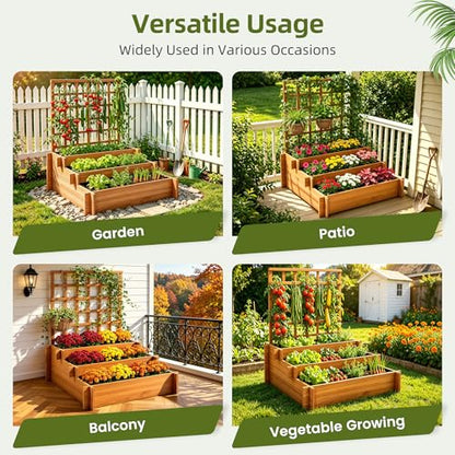 43" 3-Tier Fir Wood Raised Garden Bed Planter with Trellis | Fir wood tiered planter with trellis, liners, and 3 growing beds for flowers, herbs, veggies, vines, patio, or yard - color: 3-tier Raised Garden Bed With Trellis