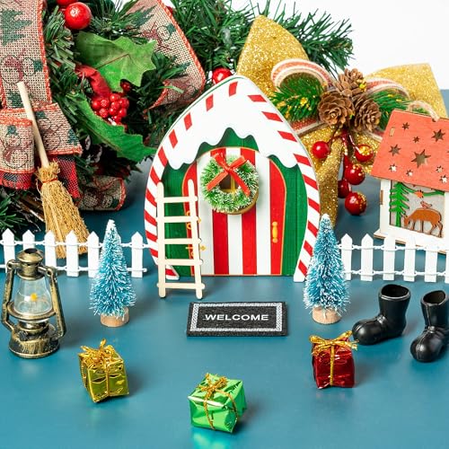 Haooryx Christmas Elf Garden Miniatures - 16Pcs Christmas Wooden Miniature Magic Fairy Doors Decoration Kit Elf Magic Door Wall Fairies Xmas Winter Xmas New Year Decor(Dripping Snow Doorframe)