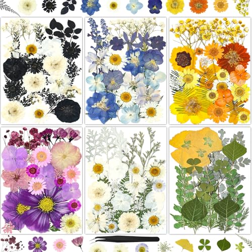 150Pcs Pressed Flowers for Crafts, Colorful Dried Flowers for Crafts Real Natural Dried Pressed Flowers Dry Leaves Bulk for Resin, DIY Art, Scrapbook, Jewelry, Card, Candle & Soap Making with Tweezers - color: Multi Color-d 150pcs