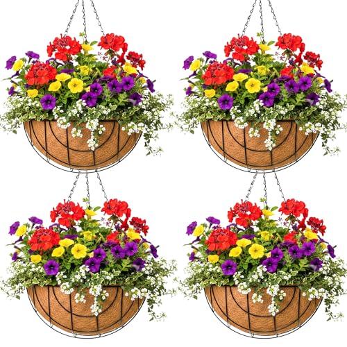 14 inch Metal Hanging Baskets For Plants Outdoor 4 Pack Round Metal Wire Hanging Basket Planter with Coco Fiber Liners Plant Holder for Garden, Patio, Deck, Porch Plants Flower Potss Outdoor(Grid) - size: 14 Inch, style: Grid