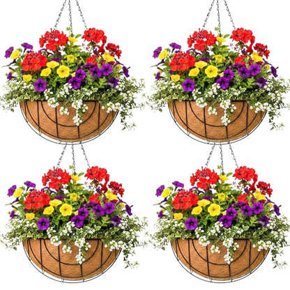 14 inch Metal Hanging Baskets For Plants Outdoor 4 Pack Round Metal Wire Hanging Basket Planter with Coco Fiber Liners Plant Holder for Garden, Patio, Deck, Porch Plants Flower Potss Outdoor(Grid) - size: 14 Inch, style: Grid