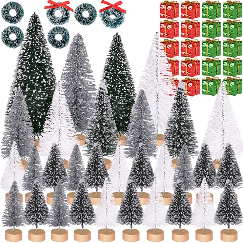 56 Pcs Artificial Mini Christmas Trees Set, Small Bottle Brush Trees - color: White&silver&dark Green