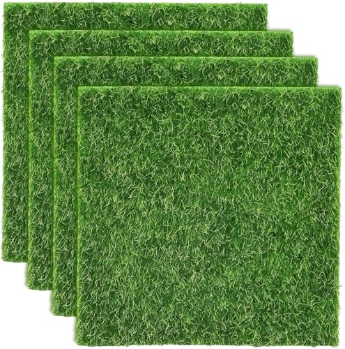4 Packs Fake Grass Decor for Crafts, 6" x 6" Fairy Artificial Moss for Miniature Garden, Dollhouse Accessories Diorama Supplies DIY Decoration
