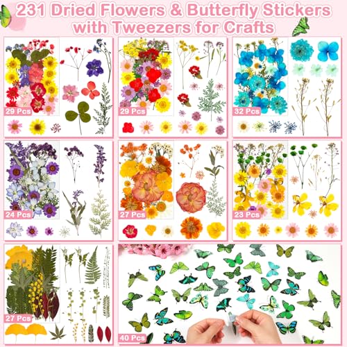 231 PCS Pressed Flowers Bulk for Resin Crafts, Dried Pressed Flowers Butterfly Stickers with Tweezers Real Natural Dry Wildflowers for Resin Molds DIY Art Candle Phone Cases Bookmark Jewelry Making - color: 230 Pcs Pressed Flowers Butterfly Stickers
