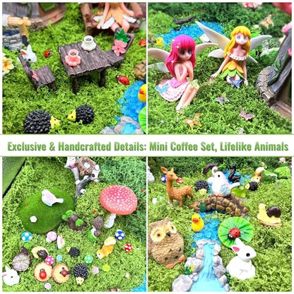 147Pcs Fairy Garden Kit Complete Miniature Figurines Accessories Set with Exclusive Mini Coffee Cups Butterflies DIY Resin Fairy House Mushrooms Animals Trees Decor for Indoor Outdoor Lawn Plant Pots