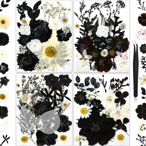 85Pcs Black Dried Flowers for Crafts, Natural Pressed Flowers for Crafts Real Dried Pressed Flowers Dry Leaves for Resin, DIY Art, Scrapbook, Nails Decor, Jewelry, Candle & Soap Making, with Tweezers - color: Black 85pcs