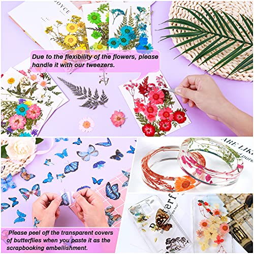 297 Pcs Dried Pressed Flowers Butterfly Stickers for Resin, Real Natural Dry Flowers Leaves Bulk with Tweezers for Art Craft Supplies Scrapbooking DIY Epoxy Resin Jewelry Candle Making Nails Décor