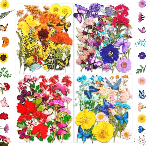 MIKIYA 103Pcs Dried Pressed Flowers with Butterfly Stickers for Resin Molds, Real Natural Bulk Dry Floral Leave for DIY Art Crafts, Epoxy Jewelry, Candle, Soap Making, Nails Decors - color: Butterfly Flowers