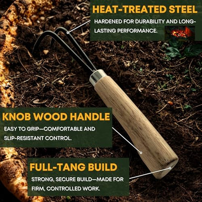 Garden Helper Double Claw Root Hook for Plants - Bonsai Repotting Tool - Heavy Duty Hardened Steel Blade with Ergonomic Wood Handle - style: Double Claw