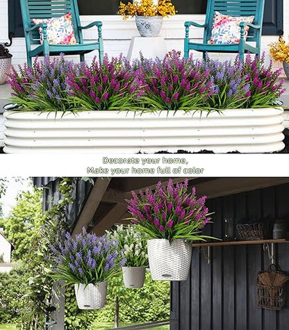 RECUTMS 12Pcs Artificial Plant Outdoor Fake Monkey Grass with Flowers 14.6" - color: Fuchsia