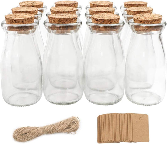CUCUMI 12pcs 3.4oz Small Glass Jars with Cork Lids Mini Storage Bottles | 100ml Clear Glass, for Candy Spices Crafts Weddings and Parties Halloween Décor, Natural Cork Stoppers