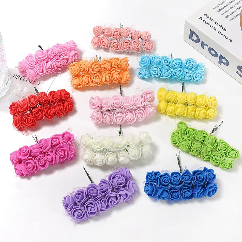Mini Fake Rose Flower Heads 144pcs Mini Artificial Foam Roses DIY Wedding Flowers Accessories Make Bridal Hair Clips Headbands Dress (Bottom add Gauze) Yellow - color: Yellow