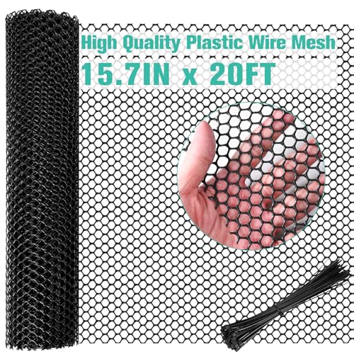 Plastic Mesh Fence Sheet 15.7IN x 20FT - 0.3IN Opening Plastic Chicken Wire Netting Roll Durable for Dogs, Poultry, Puppy, Garden Snake Barrier with 50 Pcs Zip Ties - Black - color: Black, size: 15.7IN x 20FT + 50Ties