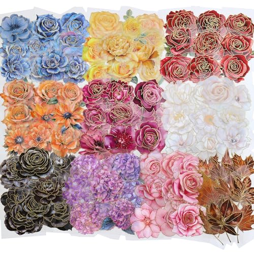 emmoolife Pressed Flower Stickers Set (100 PCS) Large Dried Flowers Themed Resin Sticker Decals Floral Botanical Journaling Stickers for Scrapbook Supplies Bullet Junk Journal Bottles Planner Laptops - color: Vibrant Flower