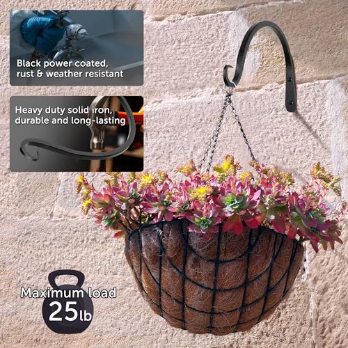 Worth Garden 6-Pack 8" Plant Hanger Bracket - Hand-Forged Wrought Iron Powder-Coated Heavy Duty Wall Hooks - Black Curved Plant Hanging Hooks for Bird Feeders, Flower Baskets, Indoor & Outdoor Use - size: 8" Length