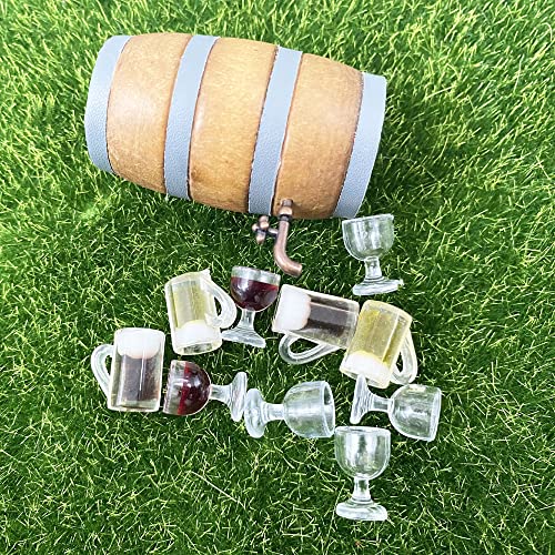 Cayway Miniature Drink Set - 8 PCS Accessories, 1 PCS Wooden Beer Barrel, White & Beer Glasses for Fairy Garden Pub Bar Decoration - color: Style 8