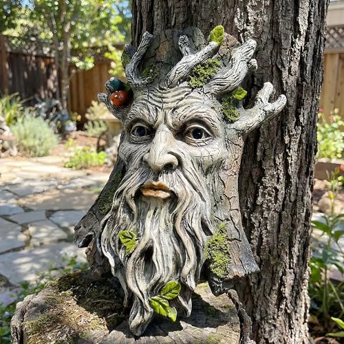 10" Whimsical Tree Face Sculpture, Garden Peeker Statue, Outdoor Trunk Tree Huggers Art, Landscape Accent Ornament, Hanging Fairy Elve Figurine for Yard Art, Trees Decor Wall Mounted Statues - color: Brown 459
