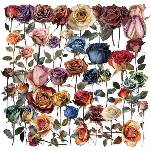 50PCS Vintage Dried Rose Stickers – Clear Waterproof Flower Botanical Scrapbook Stickers for Journaling, Crafting, Aesthetic Floral Decals for Laptops, Notebooks, Cards, Gifts - color: Dried Rose