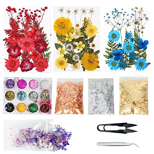 Cayway 82 PCS Natural Dried Pressed Flowers Leaves Glitter and Accessories Kit with Tweezers, Scissors for DIY Candle Resin Jewelry Nail Pendant Crafts Art Floral Decoration - color: Red, Yellow, Blue